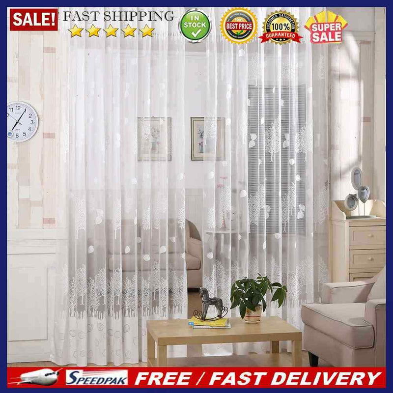 Leaf Print Tulle Voile Curtains Window Door Curtain for Living Room (White)