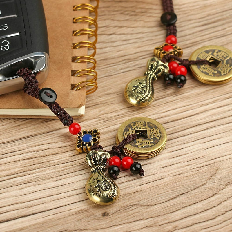 Emperors Coins Lucky Wealth Pendant Brass Keyring Chinese Money Bag Keychain