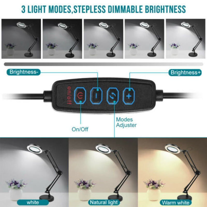 with Base& Clamp LED Lamp Black Desk Light Magnifier Magnifying Glass 10X
