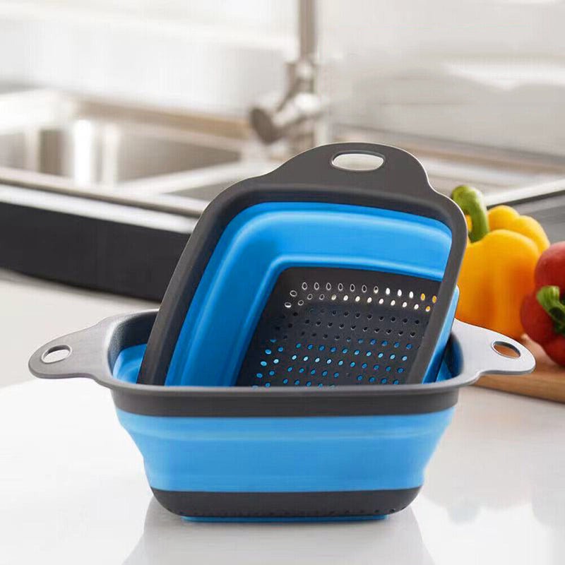 Folding Silicone Drain Basket Fruit Vegetable Washing Strainer (Blue L)