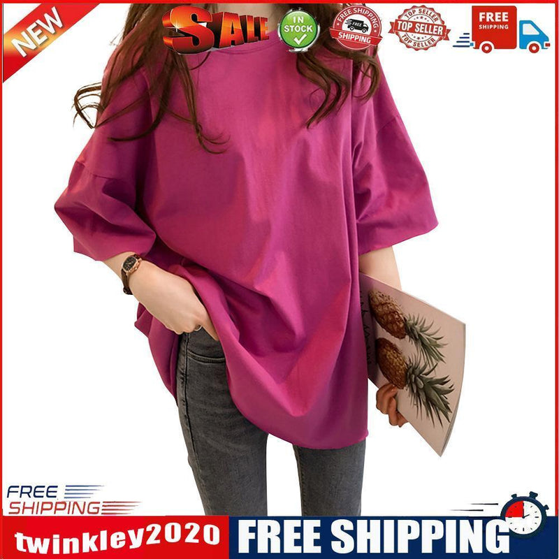 Summer Half Sleeve Long T-shirt Candy Color Loose Women Tops (Rose Red L)