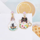Animals Asymmetry Women Cute Ear Studs Earring Cup Cat Light Bulb Cat