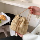 Woven Straw Crossbody Messenger Bag Bucket Female Girl Chain Shoulder Handbags