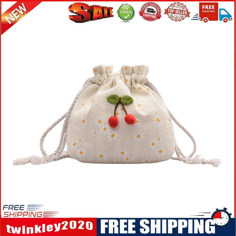 Women Drawstring Shoulder Bags Daisy Print Cherry Small Crossbody Pocket