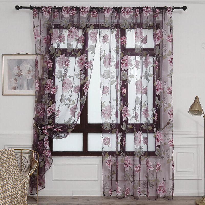 Tulle Floral Window Sheer Curtain Bedroom Home Voile Panel Drapes Peony Cur