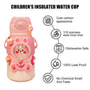 #A Cartoon Straw Thermal Water Bottle with Shoulder Straps Leak-proof Insulated