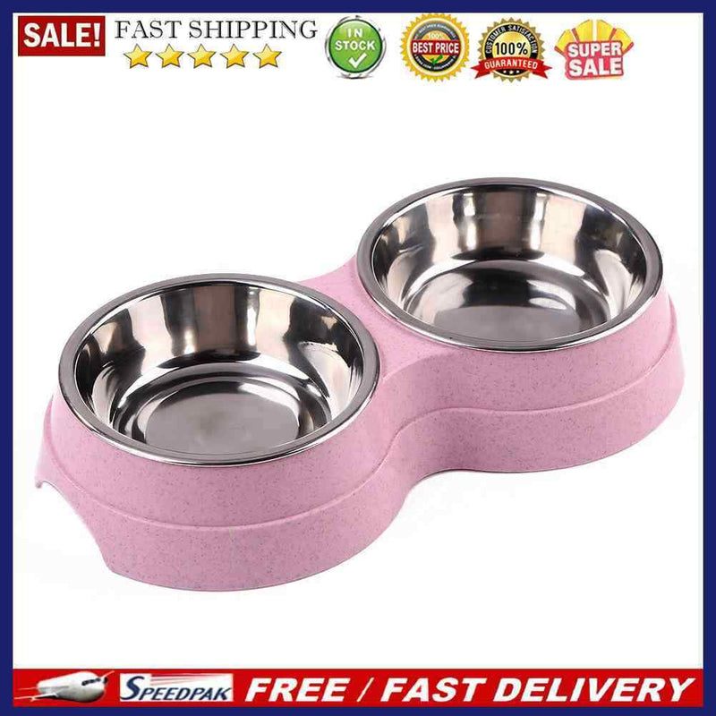 Stainless Steel Double Bowl Pet Dog Water Feeder Cat Puppy Food Drinking Di