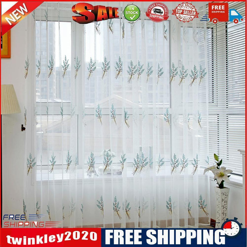 2m Screen Embroidery Sheer Voile Window Drape Curtain for Living Room(Blue)