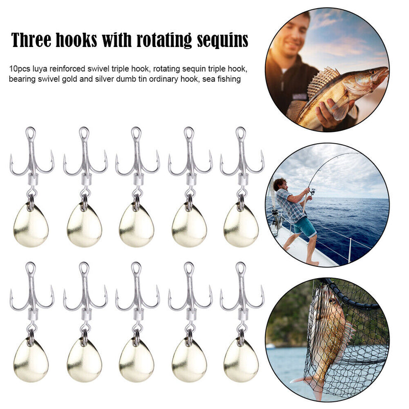 10pcs/Set Metal Barbed Fishing 3-Hooks with Rotating Sequin Fishing Accessori