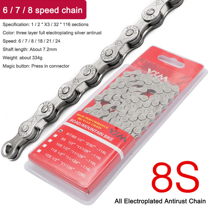 6 7 8 Speed Carbon Steel Bike Chain 1/2 x 2/32 Inch 116 Links for MTB Road Bike