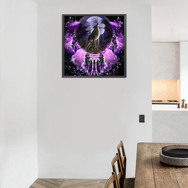 5D Rhinestone DIY Purple Wolf Dreamcatcher Full Round Drill Diamond Painting Kit