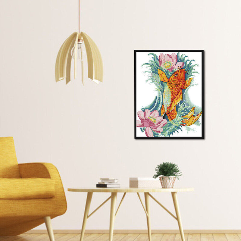 Part Embroidery Carp Flower Printed Cross Stitch Cotton 2-Beach 14CT Needlework