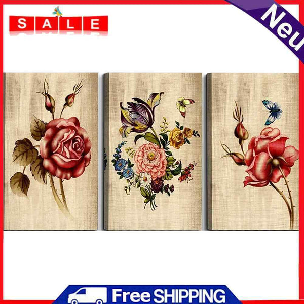3 Panels Wood Grain Flowers Oil Paint By Numbers Kits DIY Hand Painted Wall Art