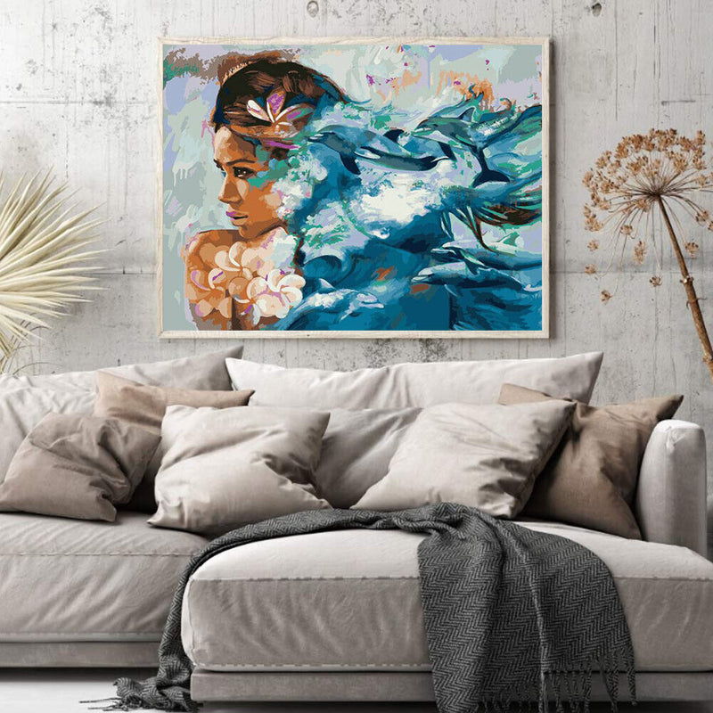 Girl and Dolphin Oil Paint By Numbers DIY Acrylic Painting on Canvas Drawing Kit