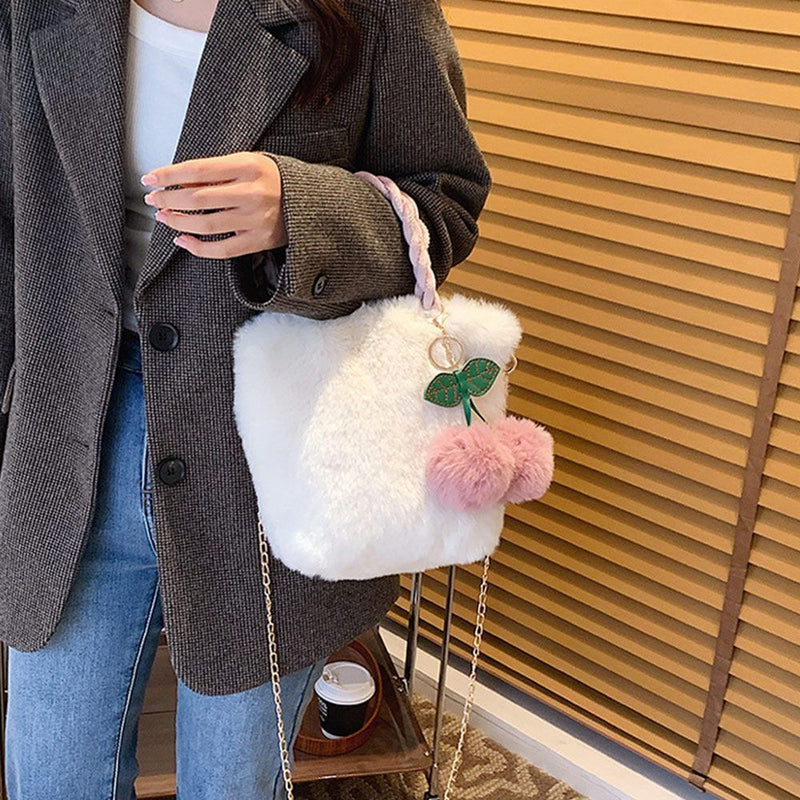 Women Soft Plush Cute Furry Fluffy Cherry Bags Shopping Bags Totes Handbags
