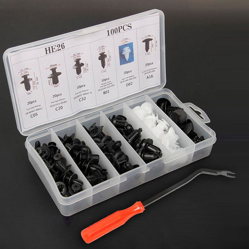 100 in 1 Universal Car Clips Auto Rivets Fasteners Assortment + 6 inch Remover