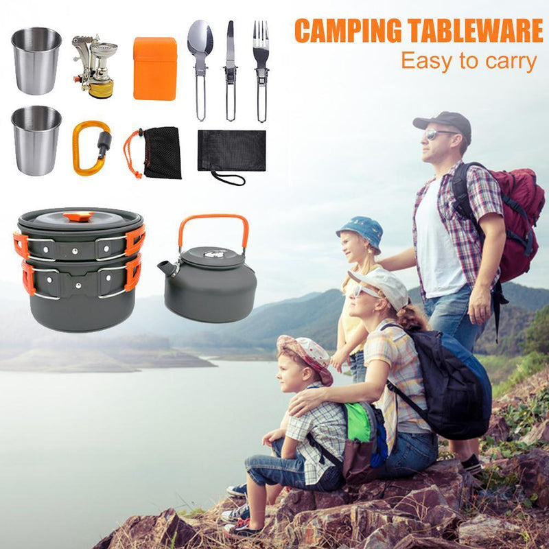 Outdoor Camping Hiking Cookware Cooking Pan+Fry Pan+Kettle+Spoon Fork+Cup+Kni