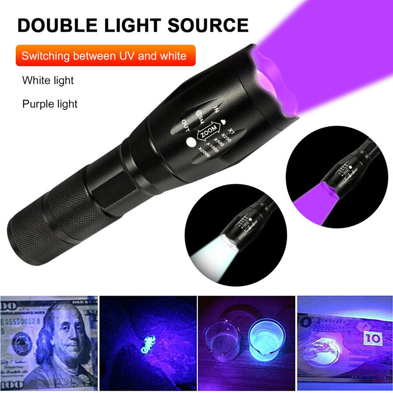 150LM XPE+UV Mini Zoomable Flashlight White+Purple Light 395nm Backlight Torch