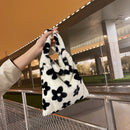 Fashion Women Flower Print Plush Shoulder Bag Winter Large Handbags (Black)