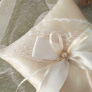 1x Wedding Ring Pillow Double Heart Rhinestone Satin Cushion With Ribbons L5J8