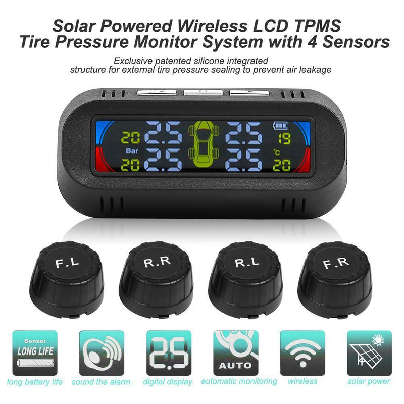 Wireless Solar TPMS LCD Car Tire Pressure Monitoring System + 4 External Sensors