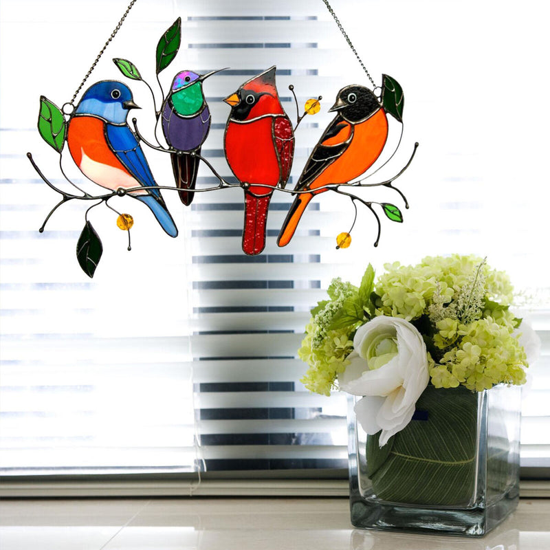 Color Birds on A Wire, Stained Glass  Window Hanging Panel (2) Newly