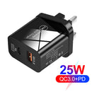25W QC3.0+PD Dual Port Type-C Phone Fast Charger Charge Adapter (UK Black) Newly