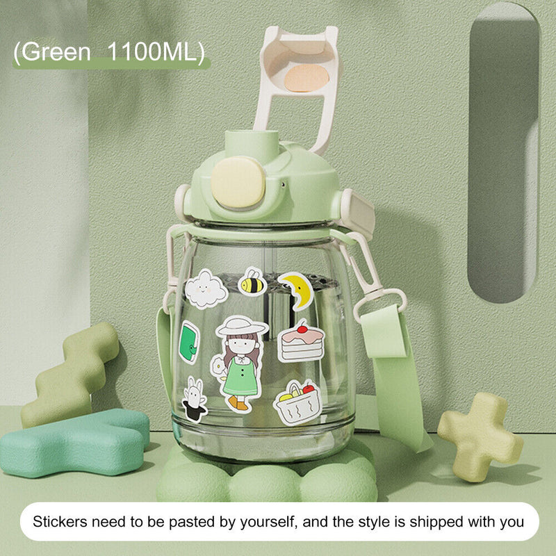 1100ml Straw Big Belly Water Cup Drinking Water Bottle w/ Stickers (Green) Newly