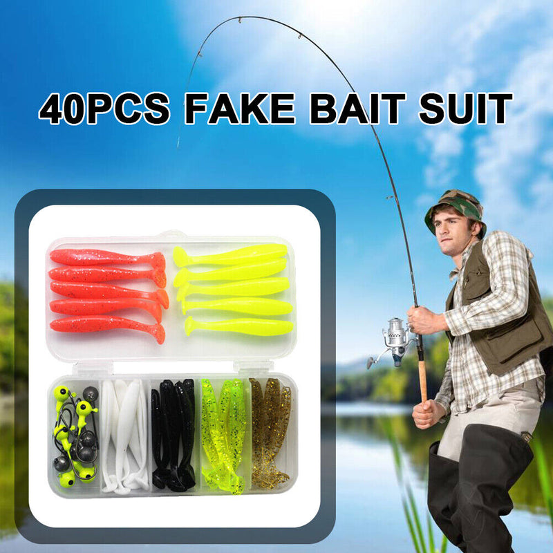 40pcs Soft Fishing Lure Kit Jig Head Hook Artificial T Tail Bait with Tackle Box