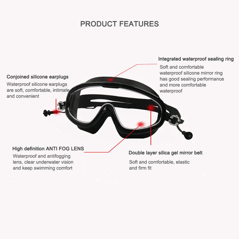 Swimming Goggles with Earplugs Waterproof Adults Diving Eyewear (Black) Newly