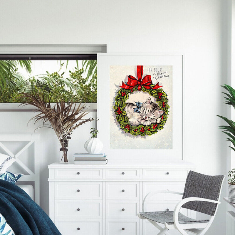 5D DIY Full Round Drill Diamond Painting Xmas Wreath Cat Art Craft Decor Gift