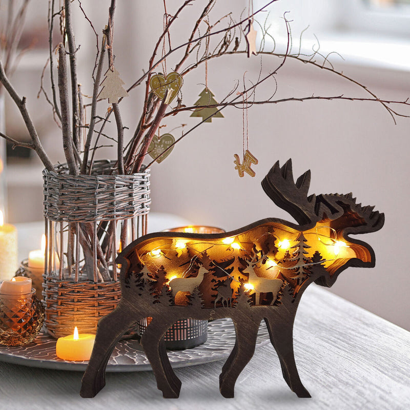 Wooden Ornaments Hollow Multi-Layer Animal Scene Display with Light (Deer) Newly