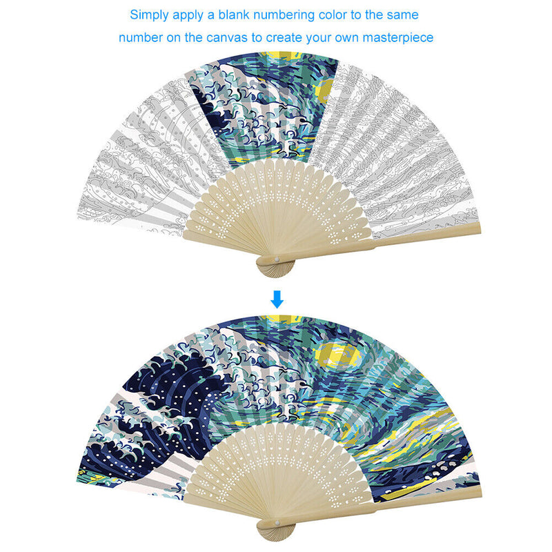 Handmade Oil Painting Waves Folding Fan By Numbers DIY Painted Craft Kit