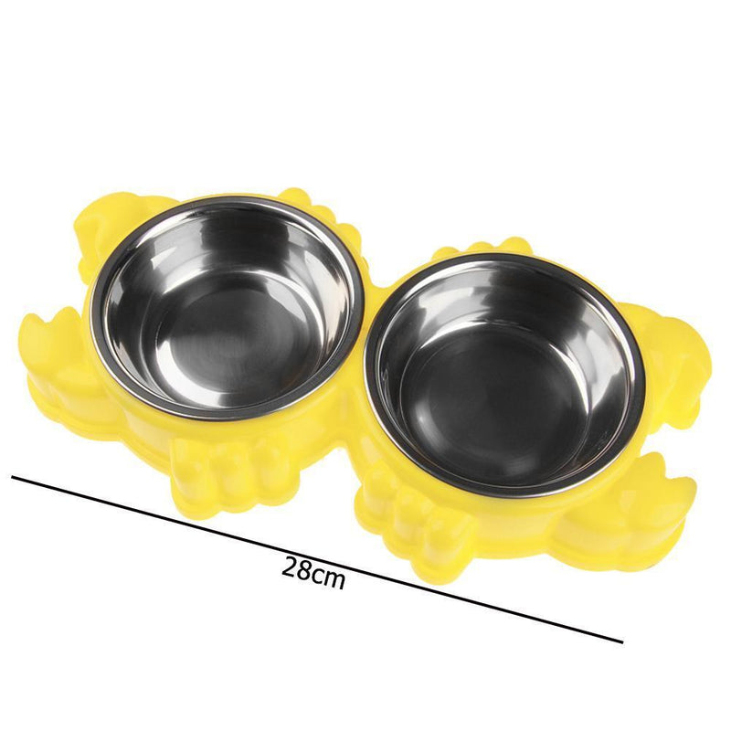 Dog Cat Drinking Bowl Stainless Steel Double Basins Pet Feeder (Yellow)