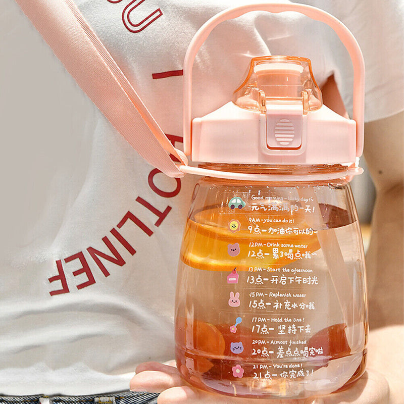 1300ml Drinking Water Bottle with Stickers Straw Cute Big Belly Water Jug C