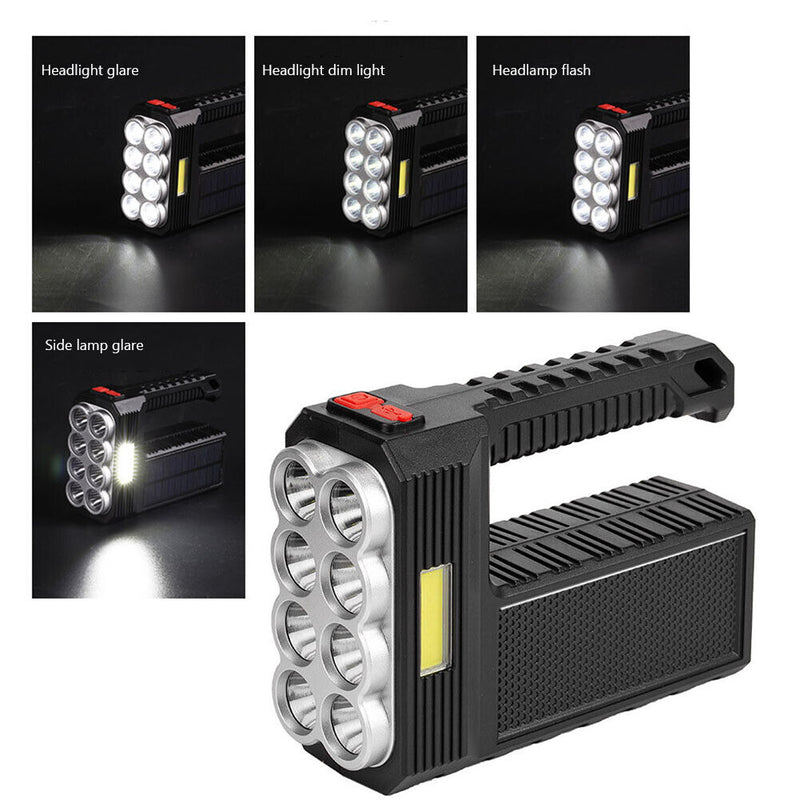 Solar Powered LED Flashlight USB Torch Camping Outdoor Household Hand Lamp Light