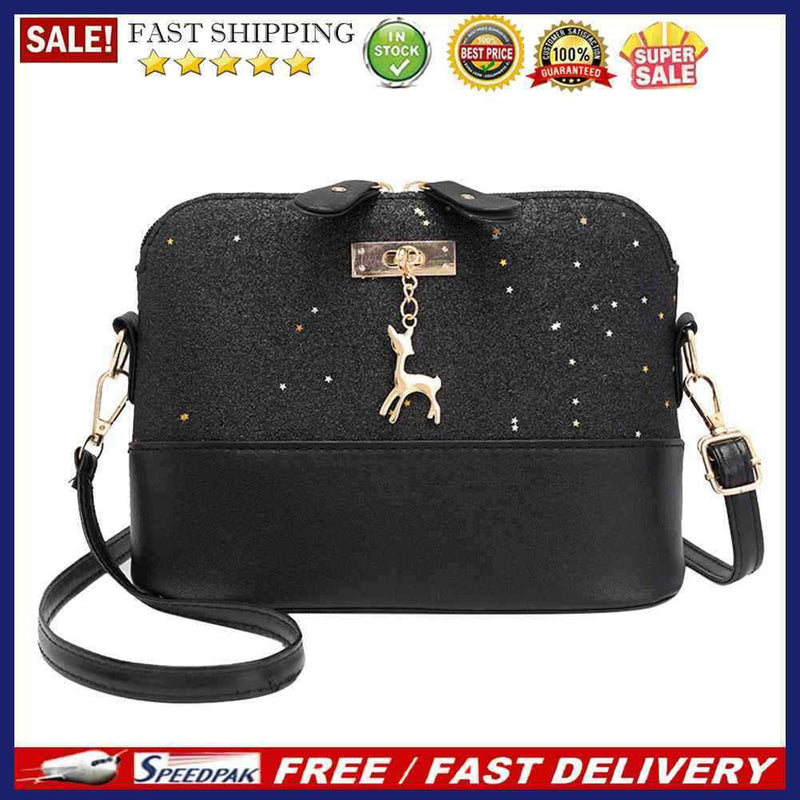 Shell Shoulder Handbag Women Shining Sequins PU Leather Messenger Bag/Black