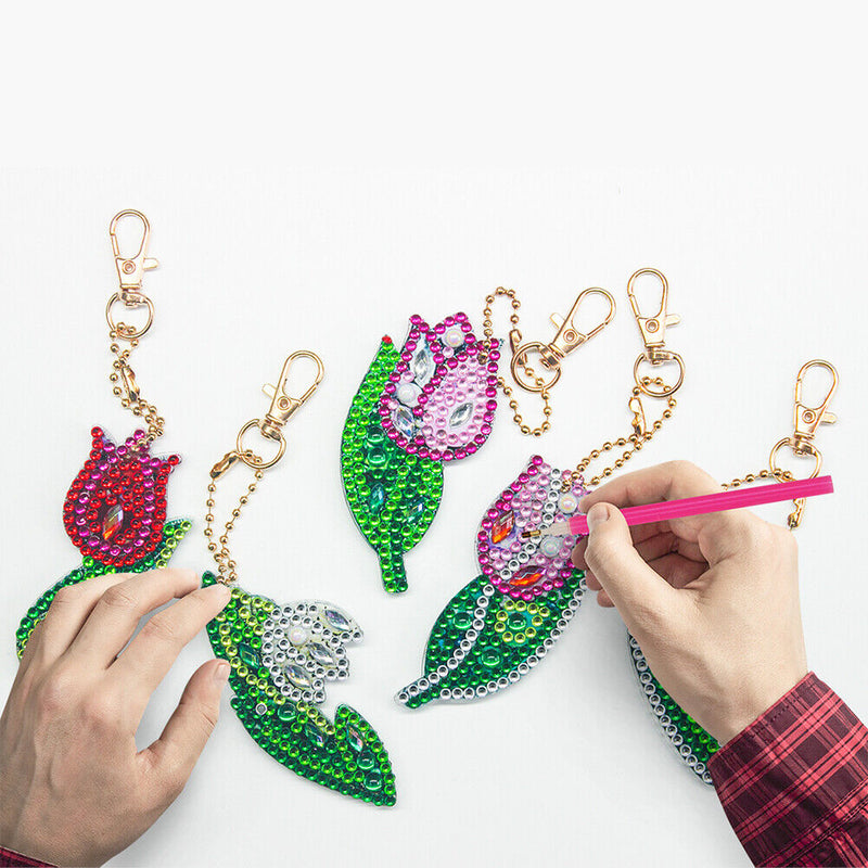 5pcs DIY Full Drill Special Shaped Diamond Painting Flower Key Ring Ornaments