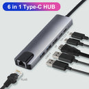 6 in 1 USB C HUB Docking 2 USB 3.0 4K HDMI Type-C RJ45 100W PD Charging Adapter