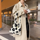 Fashion Women Flower Print Plush Shoulder Bag Winter Large Handbags (Black)