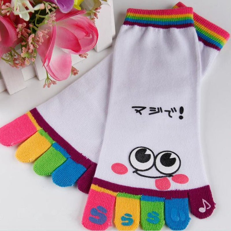Women Girls Cute Trainer Sports Cartoon Smile Cotton Toe Socks Five Finger