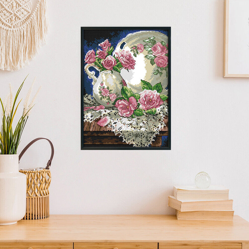 Cross Stitch 14CT Stamp Canvas Vase and Rose Embroidery DIY Handwork (J283)