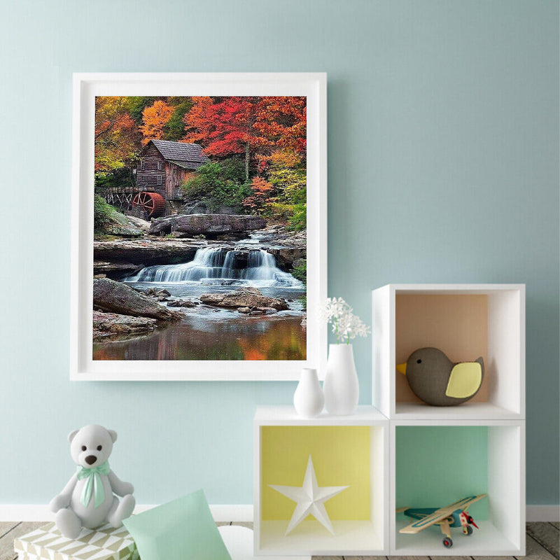 Hut by Waterfall Oil Paint By Numbers DIY Handpainted on Canvas Wall Art