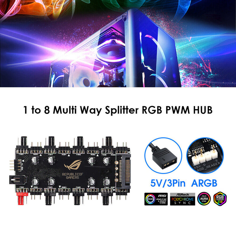 1 to 8 Multi Way Splitter RGB PWM Hub Speed Controller Adapter (5V 3Pin) Newly