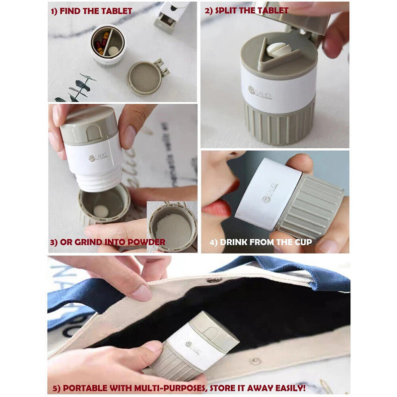 Medicine Box 4 in 1 Pill Crusher Dispenser Splitter Grinder Drug Pill Conta