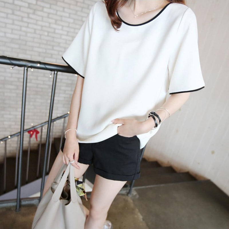 Women Bottom T-Shirt Solid Color Half Sleeve O-neck Tee Shirt (White M)