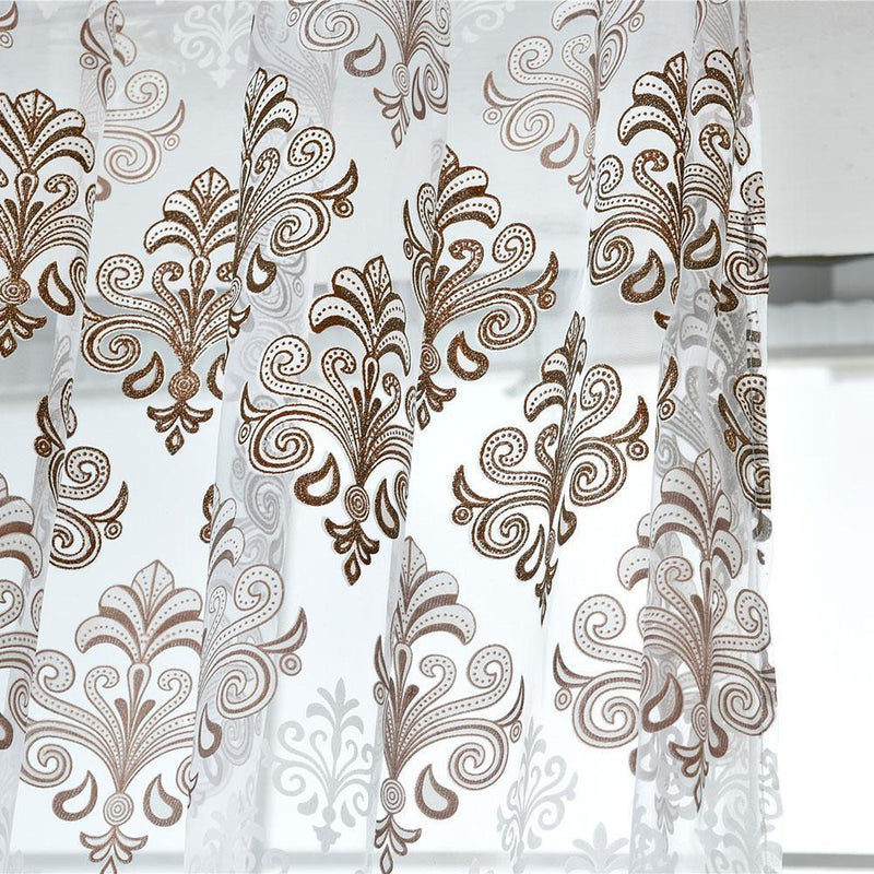 Flower Offset Printing Sheer Yarn Tulle Voile Curtain Window Screen(Coffee)
