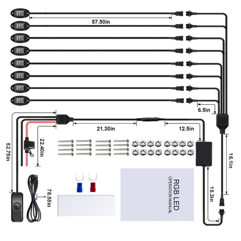 Waterproof Car Underglow RGB LED Rock Lights Chassis Music Lamps (1 to 8) Newly