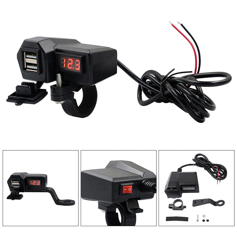 Motorcycle 3.4A Dual USB Charger Handlebar Mirror Power Adapter with Voltme