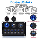 Waterproof For Car RV LED Rocker Switch Panel Dual USB Port 6 Gang 12V/24V